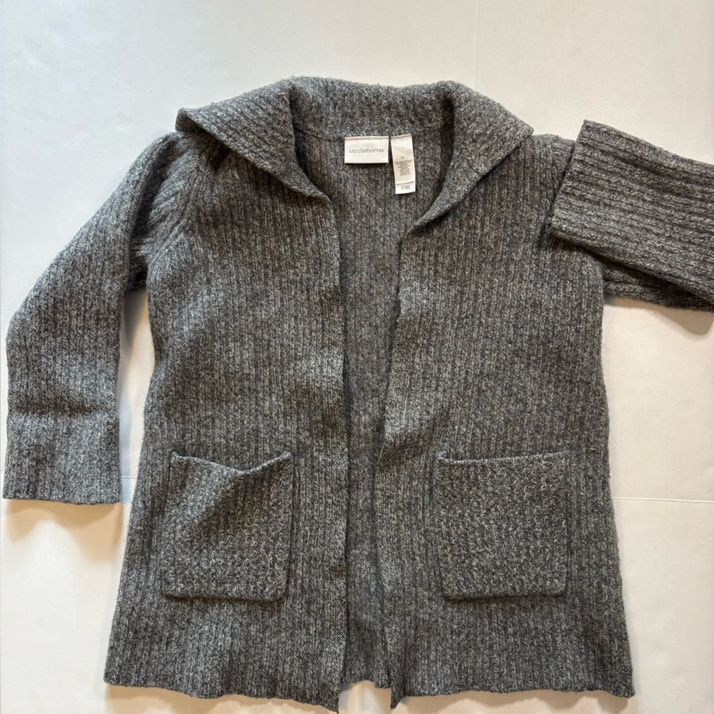Liz Claiborne open-front cardigan MD shawl collar two front pockets. Wool chunky